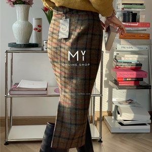 NEW UK Moon Tweed100%Wool Midi Brown Green Plaid Skirt Abraham Moon & Sons SIZES